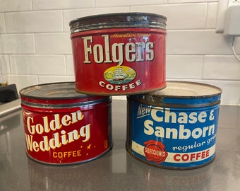 Your Choice Vintage 1 Pound Coffee Tins w/Original Lids:  Folgers, Chase & Sanborn, Golden Wedding