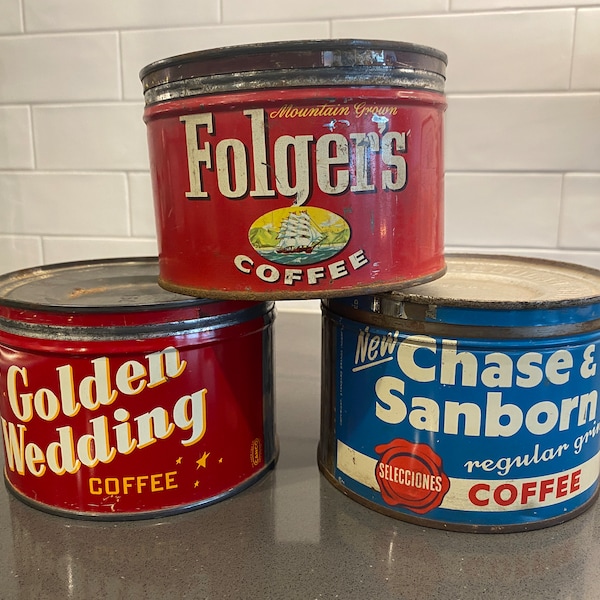 Lattine di caffè vintage da 1 libbra a tua scelta con coperchi originali: Folgers, Chase & Sanborn, Nozze d'oro
