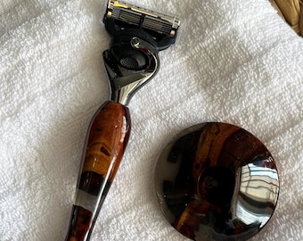 Luxury epoxy shaving set, fusion 5 safety razor with stand, men’s grooming kit, unique groomsmen box, 5th anniversary gift for husband