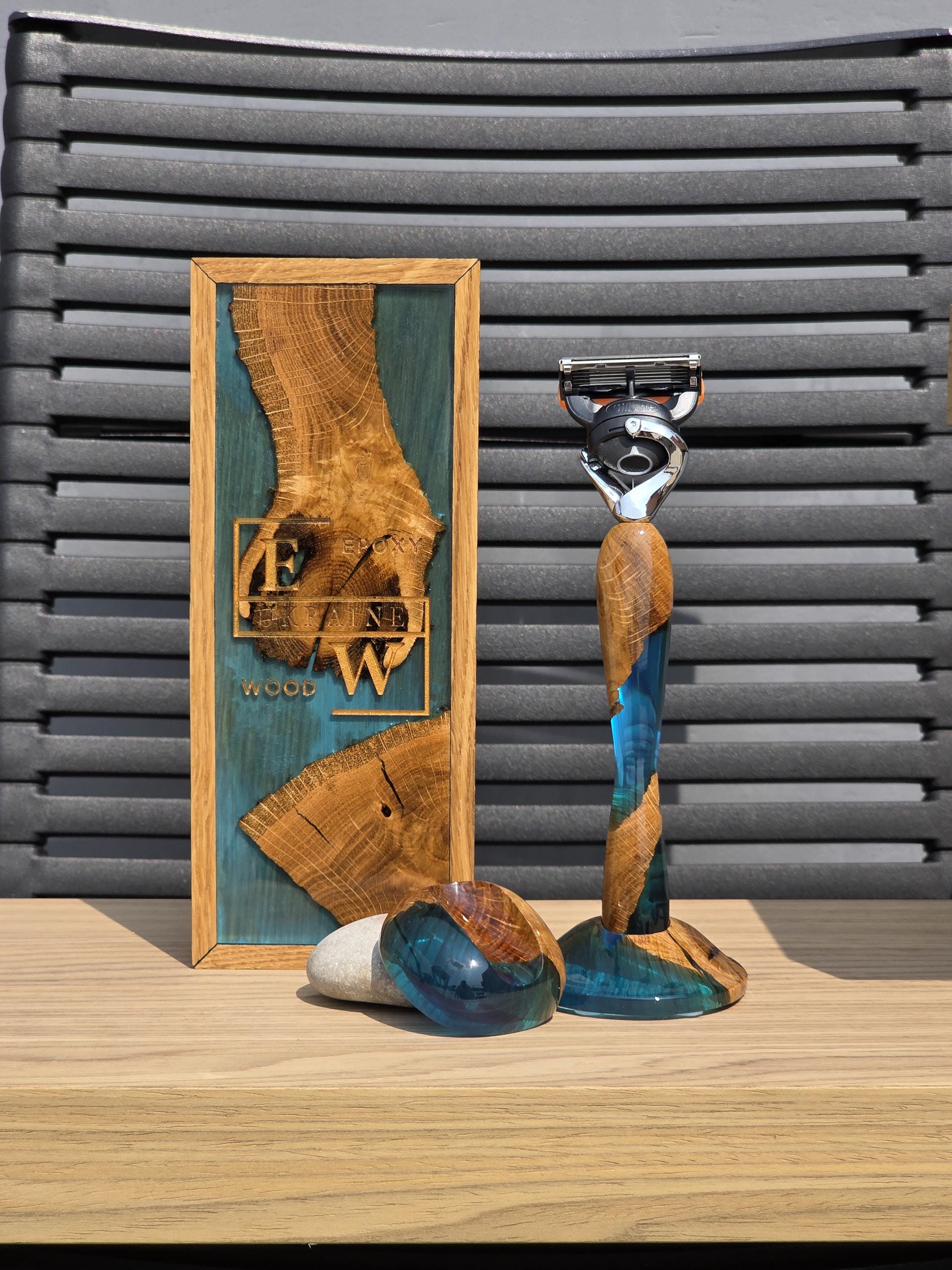 Aquamarine blue epoxy wood razor shaving kit, unique Christmas gift for him, 30th birthday husband gift, handcrafted safety razor with stand