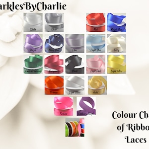 May include: Color chart of ribbon laces in various colors, including white, silver, red, royal blue, purple, navy blue, lilac, light blue, ivory, emerald green, burgundy, black, light pink, light yellow, orange, light silver, gold, fuchsia, and Cadbury purple.