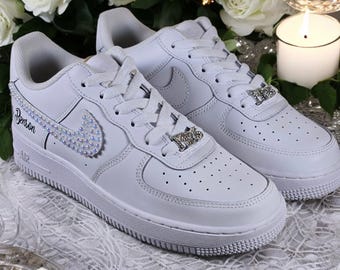 Custom Nike Air Force 1 Wedding Shoes – Bling Bridal Trainers with Crystals – Personalised Bride Sneakers – Black Painted Nikes – Custom