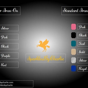 May include: A chart showing different colors of iron-on vinyl for crafting projects. The colors include silver, pink, black, purple, red, teal, gold, and royal blue. The chart also includes the text "Glitter Iron-On" and "Standard Iron-On".