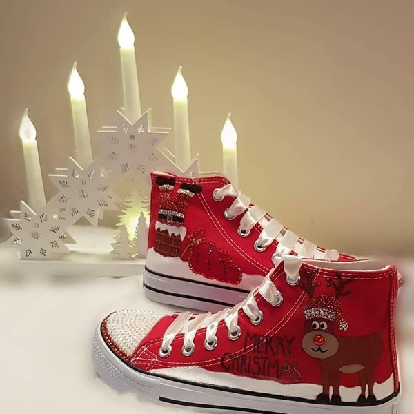 Christmas shoes, custom Christmas trainers, Red high top canvas shoes, personalised Christmas gift, custom hightop trainers