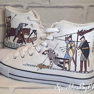 Tapestry Designed shoes, Custom Converse, Hand Painted Converse, White Converse Hightops