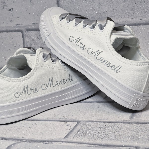 Wedding trainers for bride, luxury bridal shoes, Converse custom bling and pearls, personalised affordable converse shoes
