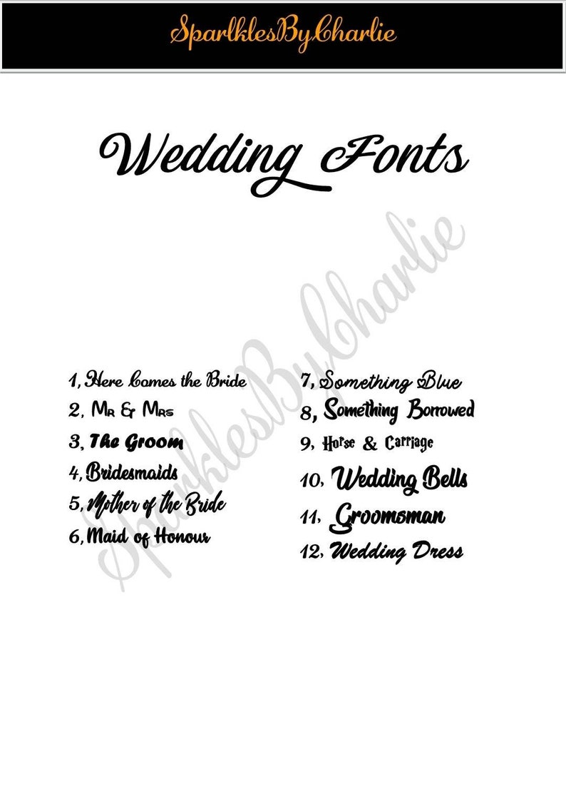 May include: A list of wedding-related terms written in different fonts. The terms include "Here Comes the Bride", "Mr & Mrs", "The Groom", "Bridesmaids", "Mother of the Bride", "Maid of Honour", "Something Blue", "Something Borrowed", "Horse & Carriage", "Wedding Bells", "Groomsman", and "Wedding Dress".