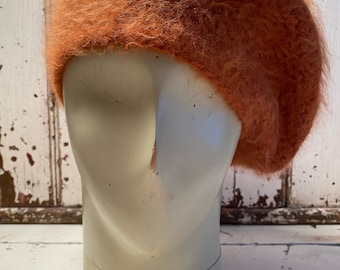 Vintage 100% burnt orange mohair made in Canada slouch/beret hat beautiful!