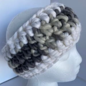Handmade Crochet Headband Ear Warmer Wide and Chunky Ombre Wool/Acrylic Caron Blueberry Sprinkle in shades of blues and grey Soft