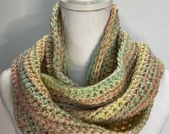 Handmade Wide Infinity Scarf Cowl Yellow, Coral and Light Green  60x8 inches Loops & Threads Facets in Chalk Adult One Size