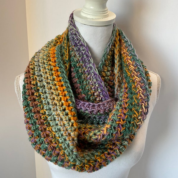BACK IN STOCK! Handmade  Extra Wide Infinity Scarf Cowl in Light Purple, Green, Gold 60 x 8 inches Loops & Threads Facets in Summer Sunrise