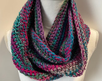 Handmade  Wide Infinity Scarf Cowl in Shades of Purple and Teal 60 x 8 inches Loops & Threads Facets in Vivid