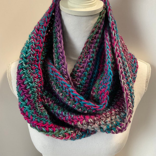 Handmade  Wide Infinity Scarf Cowl in Purple Teal Multicolor 60 x 8 inches Loops & Threads Facets in Vivid