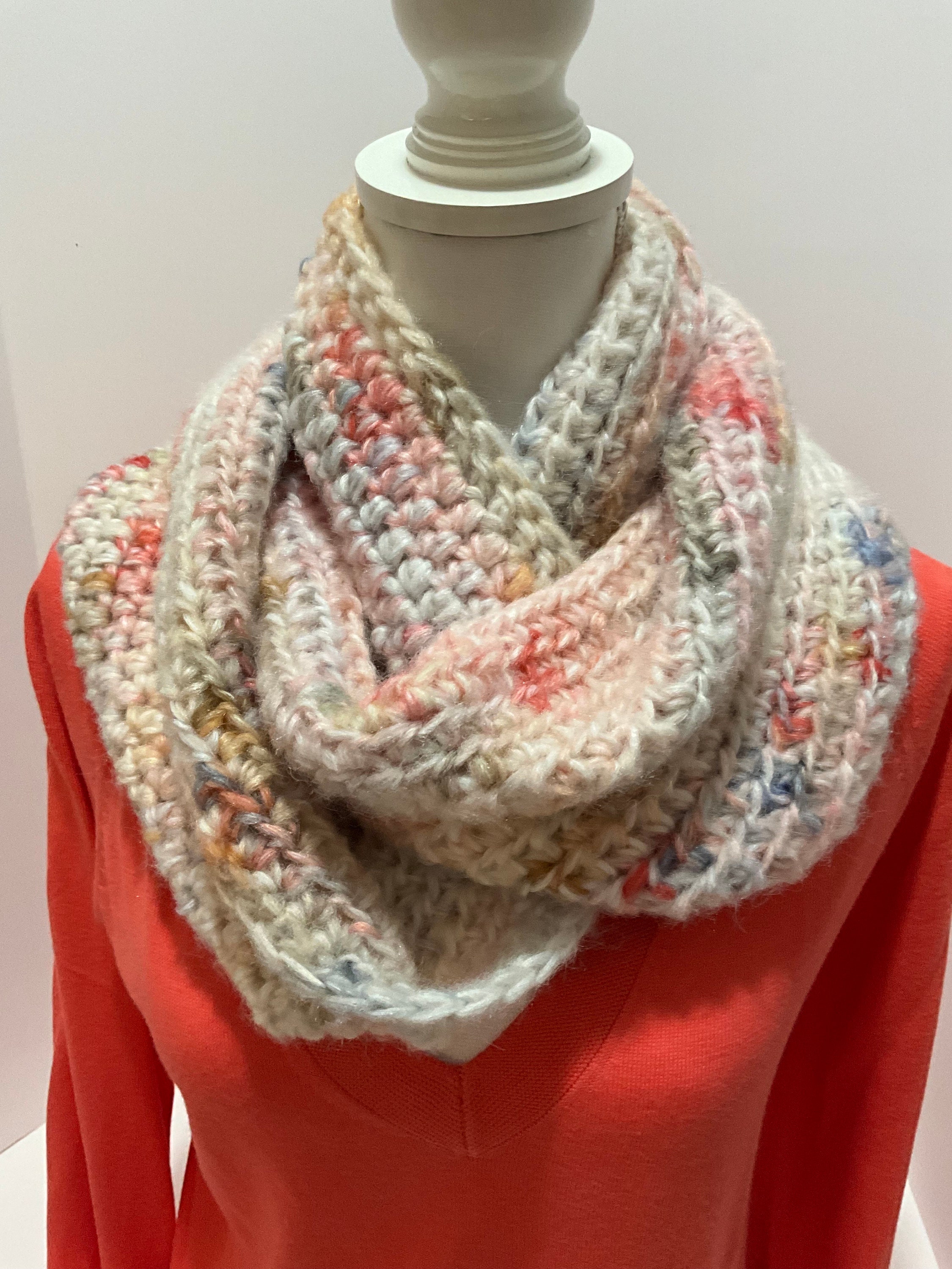 Ultra Soft Wool Blend 2 Strand Yarn Infinity Scarf Cowl  8x56” in Ombré Pattern Coral, Beige, Gray, Lion Brand Scarfie Tartan, Adult Size