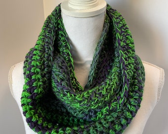 Handmade  Infinity Scarf Cowl in Rich Blue, Green, Purple 60 x 8 inches Loops & Threads Facets in Juniper, Adult One Size