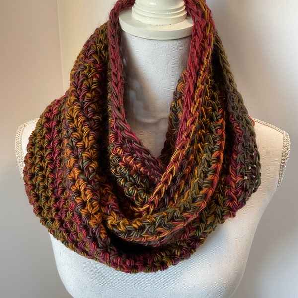BACK IN STOCK! Handmade  Wide Infinity Scarf Cowl in Brown, Burgundy, Dark Green,  60 x 8 inches Loops & Threads Facets in  Autumn