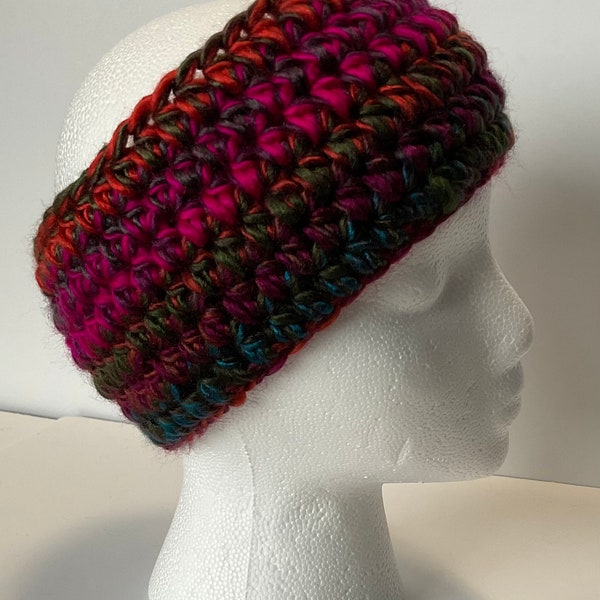 Crochet Winter Head Band Ear Warmer in Teal Brown Orange Dark Red 9.5x4" Adult Gender Neutral Lion Brand Landscape Yarn Tropics