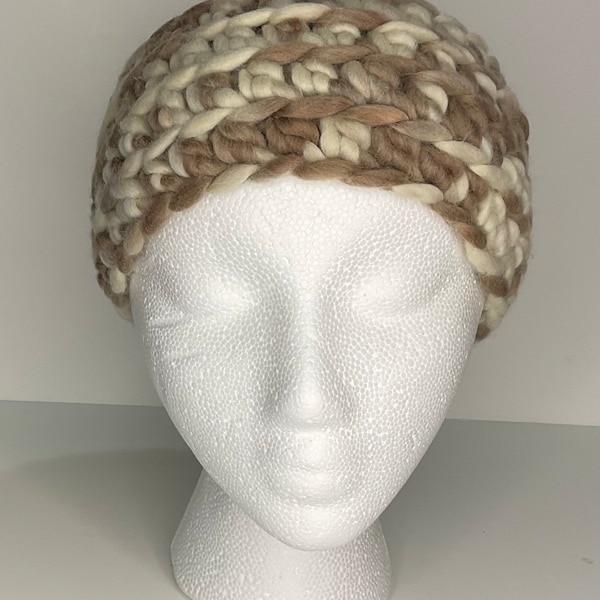 100% Wool Chunky Crochet Wide Headband Ear Warmer Brown and Tan 9.5x4" Gender Neutral KC Pixel Yarn Portabella