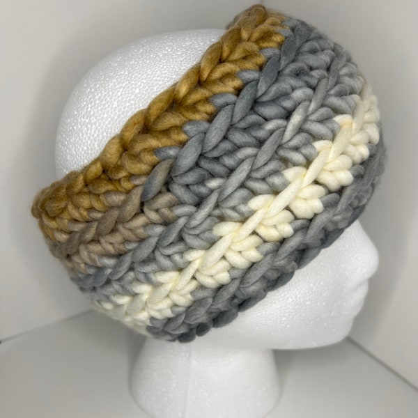 20% Wool Chunky Crochet Winter Head Band Ear Warmer Tan & Grey 9x4" Adult One Size