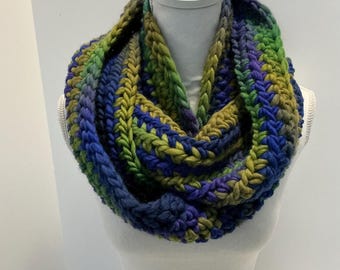 Handmade Merino Wool Chunky Extra Long Infinity Scarf: Blue Green Cowl