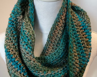 Handmade Infinity Scarf Cowl, Teal Gray Brown, Loops & Threads Facets Yarn