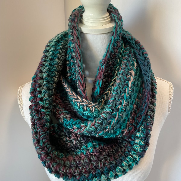 BACK IN STOCK! Handmade  Wide Infinity Scarf Cowl in Teal, Blue, Brown 60 x 8 inches Loops & Threads Facets in Dark Ocean