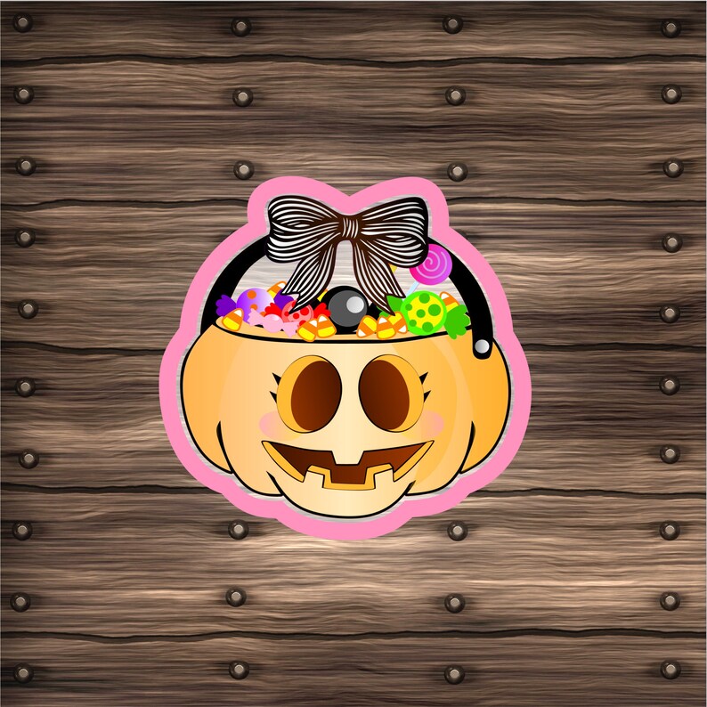 Autumn Spooky Trick or treat girl. Halloween Candy Pumpkin Pail with bow cookie cutter Fall