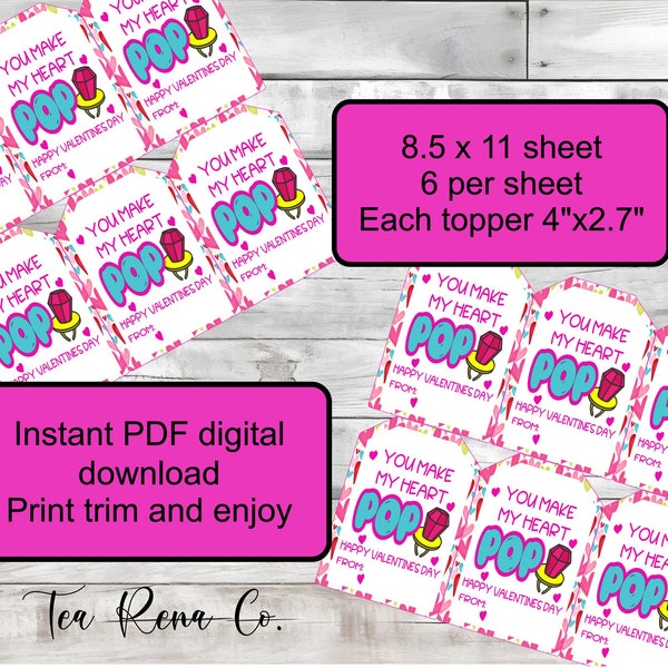 Ring finger pop, pink and blue you make my heart pop, Valentine's printable cards, Instant download, Candy treat, Valentine class card, PDF