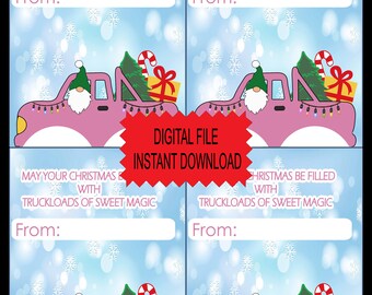 Kerstvrachtwagenkoekjeskaarten, roze vrachtwagen en kabouter kerstafdrukbare kerstkaarten, digitale kerst, niet-snoeptraktatie, kerstklasfeest