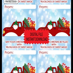 Weihnachts-Truck-Kekskarten, Roter LKW mit gnomen druckbaren Weihnachtskarten, digitale Weihnachten, Nicht-Süßigkeiten-Leckerbissen, Klassengeschenke, Klassenparty