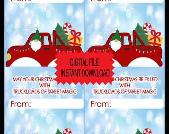 Kerstvrachtwagenkoekjeskaarten, Rode vrachtwagen met kabouter Kerstafdrukbare kaarten, Digitale Kerstmis, Niet-snoeptraktatie, Klassegunsten, klassefeest