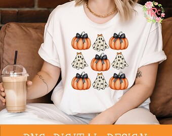 coquette halloween, coquette bows, halloween tee, halloween bows, Digital file, png file, black bows, orange pumpkins, cute halloween ghost