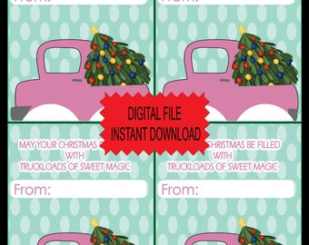 Kerstvrachtwagenkoekjeskaarten, roze kerstafdrukbare kaarten, digitale kerst, niet-snoeptraktatie, klassegunsten, kerstklasfeest