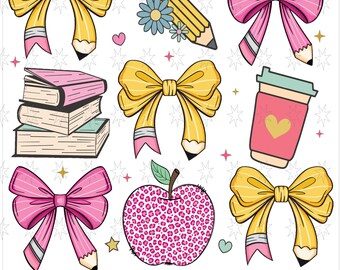 Puede incluir: Un conjunto de nueve ilustraciones digitales con temática escolar, que incluyen un lápiz, libros, una taza de café, una manzana y lazos en rosa y amarillo.