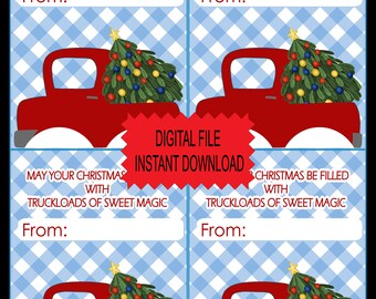 Kerstvrachtwagenkoekjeskaarten, afdrukbare kerstkaarten van de rode vrachtwagen, digitale kerst, niet-snoeptraktatie, klassegunsten, kerstklasfeest