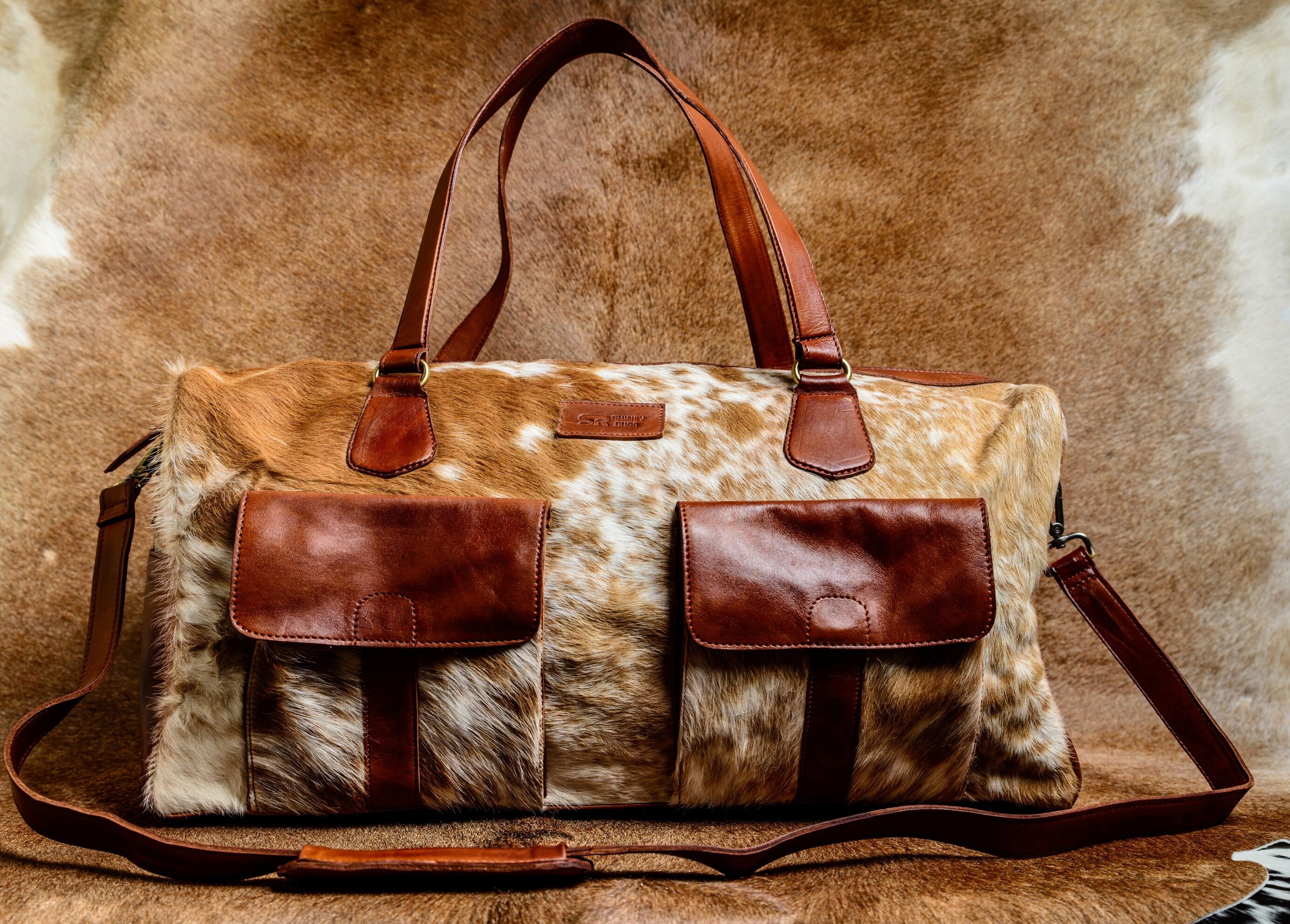 Real Cowhide Duffel Bag Brown & White Duffel Bag Multi Pocket Etsy