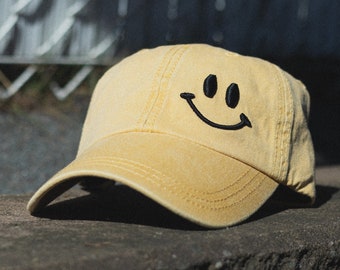 Smiley Face Dad Hat – Custom Embroidered Pigment-Dyed Dad Hat – Personalized Vintage Hat