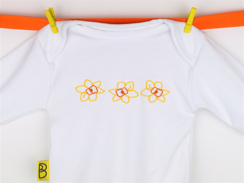 Long sleeve bodysuit Daffodils Long sleeved bodysuit Handmade bodysuit Original designs Baby vest St Davids Day