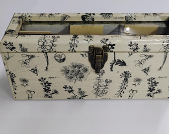Handmade Wooden Seed Box: Botanical Decoupage, Glass Window