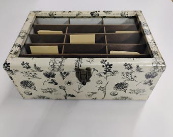 Seed Storage Box:   Emerson Botanical pattern Recycled Pine, 15-Compartment Organizer