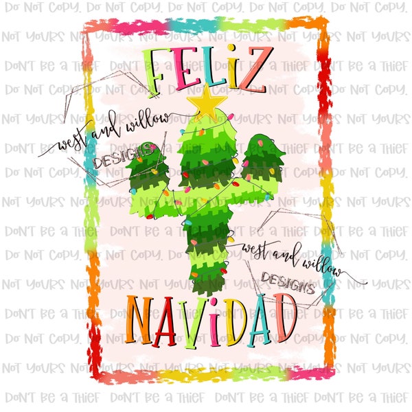 Feliz Navidad Christmas Cactus Piñata, Cactus Christmas tree, Christmas piñata, feliz navidad, colorful Spanish PNG digital download design