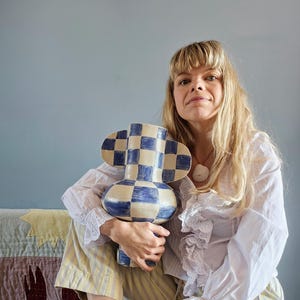 Blue and white checkered statement vase