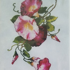 Pode incluir: Um desenho de bordado de ponto cruz com flores de glória-da-manhã rosa e branca com folhas e videiras verdes.