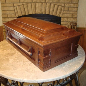 Pet Casket, Rayley Style, Stained Red Mahogany, 12&quot; x 24&quot; exterior, pet coffin or memory chest, burial box.