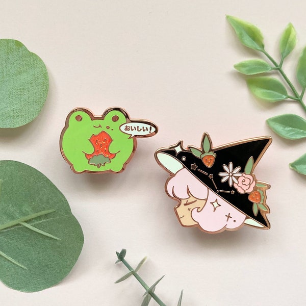 Strawberry Witch and Frog Enamel Pin Set - rose gold plating, glitter finish