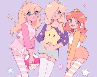 May include: Illustration of three cartoon characters in pajamas. One holds a mushroom, another a star-shaped pillow, and the third wears a hooded jacket. The characters are surrounded by stars, a question mark block, and a game console on a purple background.