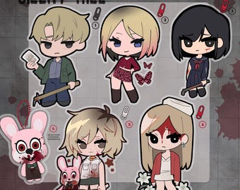 May include: A collection of six Silent Hill themed acrylic charms with a 2.5 inches glitter epoxy finish. The set includes chibi-style characters, a blood-stained pink rabbit, and a nurse figure, each featuring numbered attachment points.