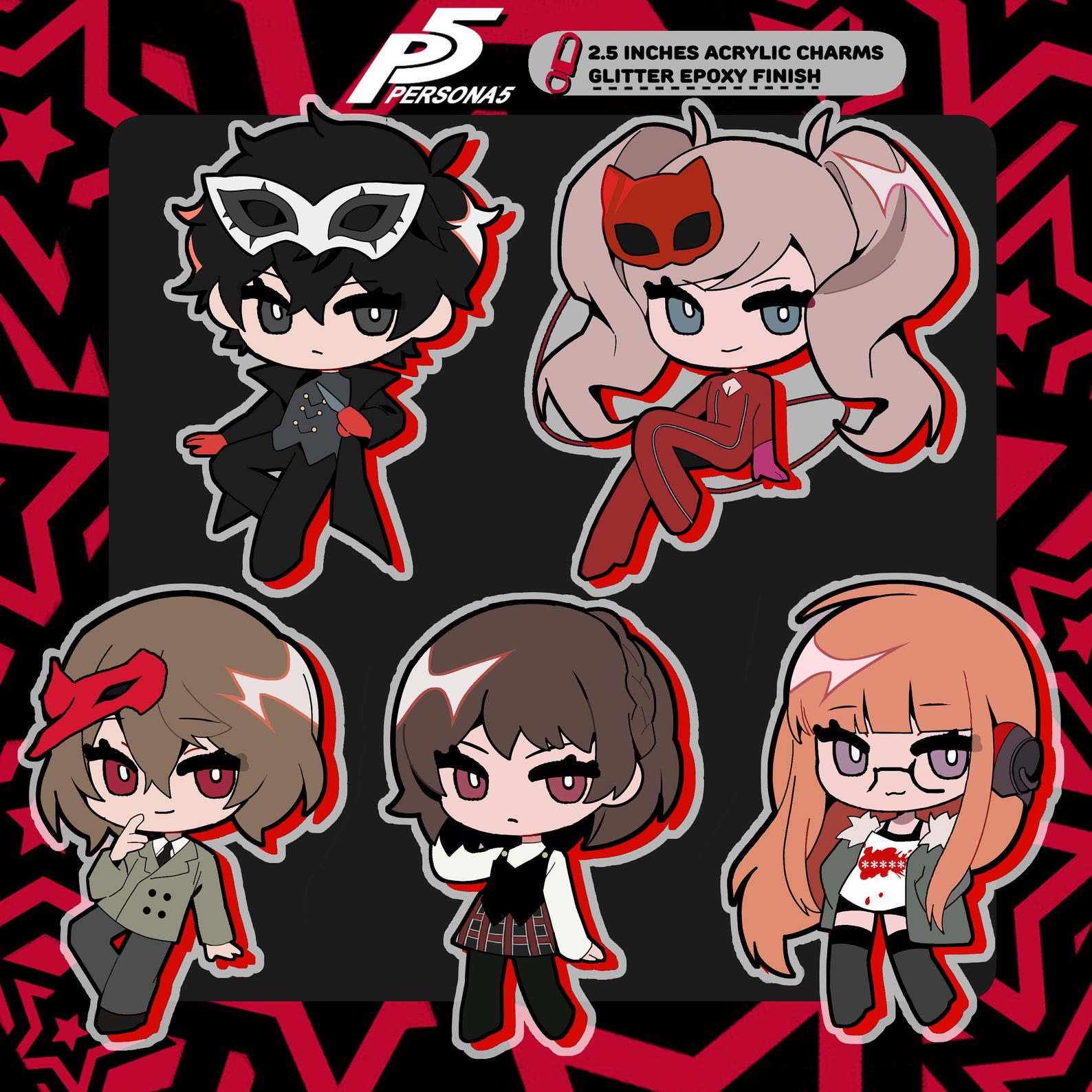 Persona 5 Acrylic Charms - 2.5 inches, glitter epoxy finish - Joker, Futaba, Akechi, Ann, Makoto
