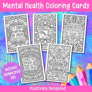 Set 2 / Tarjetas para colorear imprimibles de salud mental / Alivio del estrés y bienestar mental / Regalo de terapia / Autocuidado de la ansiedad / Descarga instantánea PDF