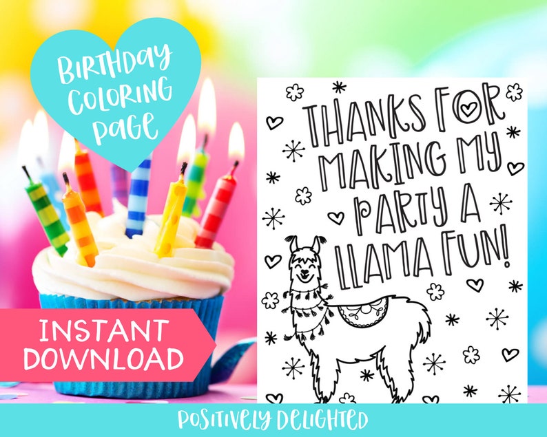 Llama Birthday Coloring Page Printable Llama Party Favor | Etsy